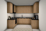 U-Küche Sorento Sonoma Eiche – 298 × 214 × 199 cm – KÜ-SOR-006 – Raumansicht über Eck von rechts