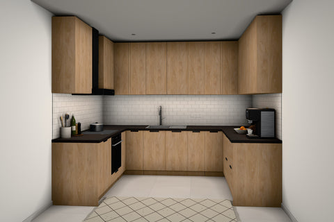 U-Küche Sorento Sonoma Eiche – 298 × 214 × 199 cm – KÜ-SOR-006 – Raumansicht über Eck von rechts