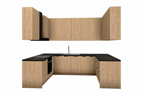 U-Küche Sorento Sonoma Eiche – 298 × 214 × 199 cm – KÜ-SOR-006 – freigestellt, über Eck von rechts