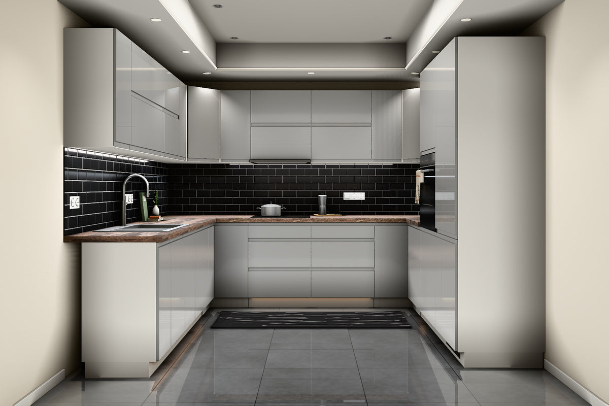 U-Küche Velmora Grau Hochglanz & Weiß – 300 × 260 × 240 cm – KÜ-VELM-021 – Raumansicht frontal