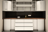 U-Küche Velmora Weiß Hochglanz – 300 × 260 × 240 cm – KÜ-VELM-022 – Wand A geöffnet, frontal