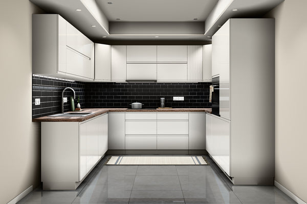 U-Küche Velmora Weiß Hochglanz – 300 × 260 × 240 cm – KÜ-VELM-022 – Raumansicht frontal