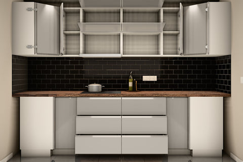 U-Küche Velmora Grau Hochglanz & Weiß – 300 × 260 × 240 cm – KÜ-VELM-021 – Wand A geöffnet, frontal