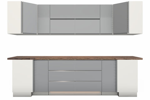 U-Küche Velmora Grau Hochglanz & Weiß – 300 × 260 × 240 cm – KÜ-VELM-021 – Wand A freigestellt auf Weiß
