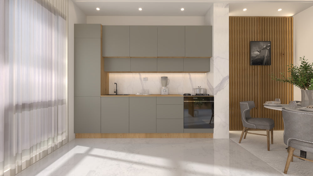 Nexa Küchenzeile  KÜ06-L – Beige – 300 cm – Moderne Familienküche mit Hochschrank und großzügigem Stauraum