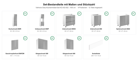 Velmora Grau Küchenmöbel-Set KÜ-AS-002 – 400 cm – Maßbild (Set-Bestandteile mit Maßen und Stückzahl)