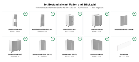 Velmora Grau Küchenmöbel-Set KÜ-AS-006 – 360 cm – Maßbild (Set-Bestandteile mit Maßen und Stückzahl)