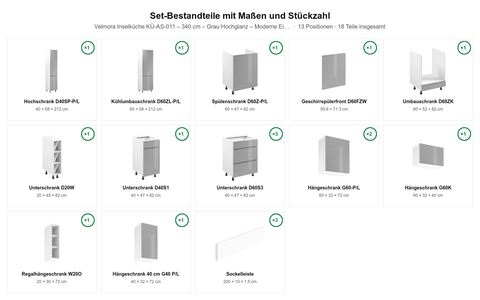 Velmora Inselküche KÜ-AS-011 – 340 cm – Grau Hochglanz – Moderne Einbauküche mit Kochinsel – Maßbild (Set-Bestandteile mit Maßen und Stückzahl)