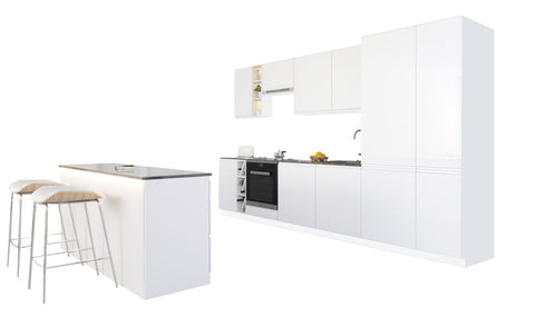 Velmora Inselküche KÜ-AS-011 – 340 cm – Weiß Hochglanz – Moderne Einbauküche mit Kochinsel – Ansicht 2