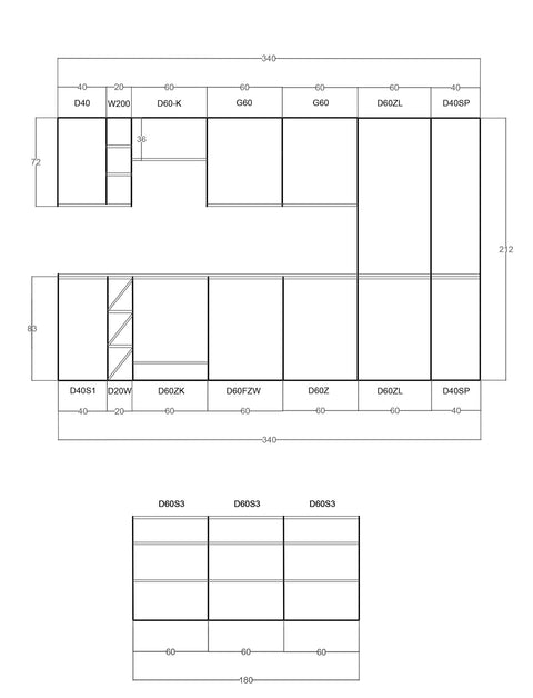 Küchenplan – Maßbild mit Bemaßung der Küchenzeile