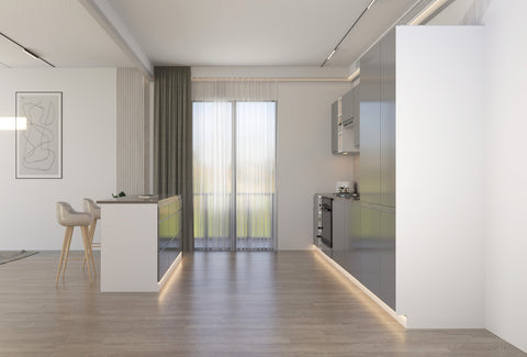 Velmora Inselküche KÜ-AS-011 – 340 cm – Grau Hochglanz – Moderne Einbauküche mit Kochinsel – Ansicht 4