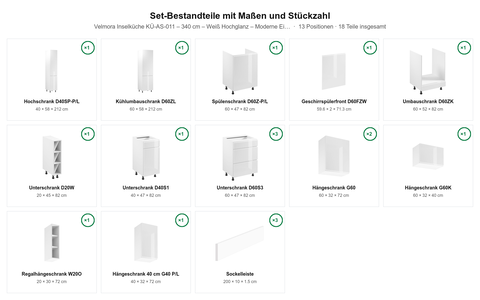 Velmora Inselküche KÜ-AS-011 – 340 cm – Weiß Hochglanz – Moderne Einbauküche mit Kochinsel – Maßbild (Set-Bestandteile mit Maßen und Stückzahl)