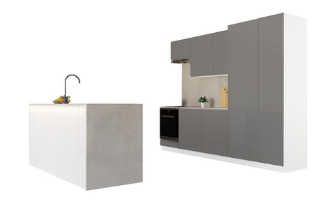 Velmora Inselküche KÜ-AS-012 – 280 cm – Grau Hochglanz – Ansicht 2