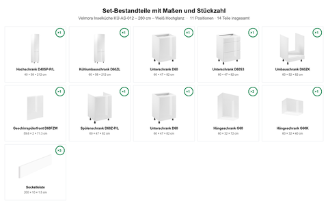 Velmora Inselküche KÜ-AS-012 – 280 cm – Weiß Hochglanz – Maßbild (Set-Bestandteile mit Maßen und Stückzahl)