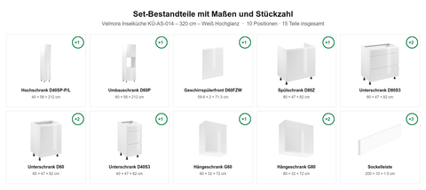 Velmora Inselküche KÜ-AS-014 – 320 cm – Weiß Hochglanz – Maßbild (Set-Bestandteile mit Maßen und Stückzahl)