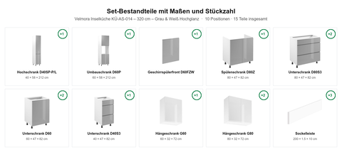 Velmora Inselküche KÜ-AS-014 – 320 cm – Grau & Weiß Hochglanz – Maßbild (Set-Bestandteile mit Maßen und Stückzahl)