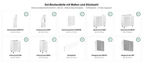 Velmora Inselküche KÜ-AS-014 – 320 cm – Weiß & Grau Hochglanz – Maßbild (Set-Bestandteile mit Maßen und Stückzahl)