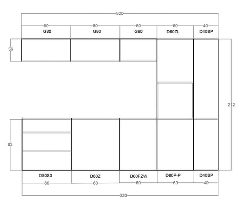 Küchenplan – Maßbild mit Bemaßung der Küchenzeile