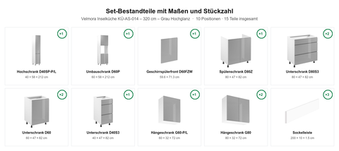 Velmora Inselküche KÜ-AS-014 – 320 cm – Grau Hochglanz – Maßbild (Set-Bestandteile mit Maßen und Stückzahl)