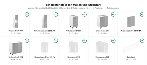 Velmora Küchenmöbel-Set KÜ-AS-006 360 cm – Grau & Weiß – moderne Küchenzeile mit großzügigem Stauraum – Maßbild (Set-Bestandteile mit Maßen und Stückzahl)