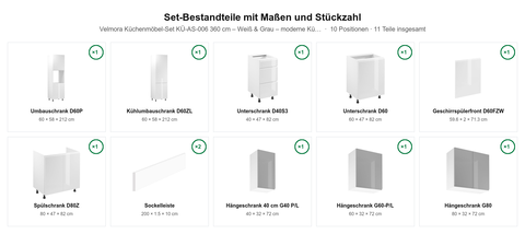 Velmora Küchenmöbel-Set KÜ-AS-006 360 cm – Weiß & Grau – moderne Küchenzeile mit großzügigem Stauraum – Maßbild (Set-Bestandteile mit Maßen und Stückzahl)