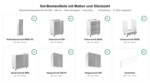 Velmora Küchenzeile KÜ-AS-008 – 380 cm – Grau Hochglanz – ohne Arbeitsplatte & Geräte – Maßbild (Set-Bestandteile mit Maßen und Stückzahl)