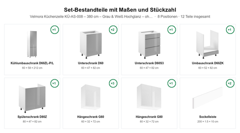 Velmora Küchenzeile KÜ-AS-008 – 380 cm – Grau & Weiß Hochglanz – ohne Arbeitsplatte & Geräte – Maßbild (Set-Bestandteile mit Maßen und Stückzahl)