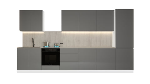 Velmora Küchenzeile KÜ-AS-008 – 380 cm – Grau Hochglanz – ohne Arbeitsplatte & Geräte – Ansicht 2