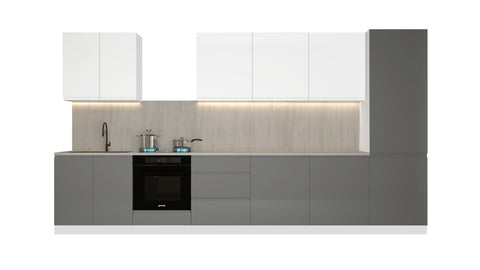 Velmora Küchenzeile KÜ-AS-008 – 380 cm – Grau & Weiß Hochglanz – ohne Arbeitsplatte & Geräte – Ansicht 2