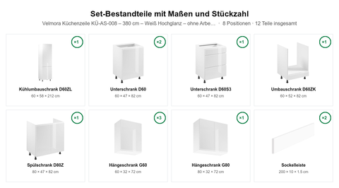 Velmora Küchenzeile KÜ-AS-008 – 380 cm – Weiß Hochglanz – ohne Arbeitsplatte & Geräte – Maßbild (Set-Bestandteile mit Maßen und Stückzahl)