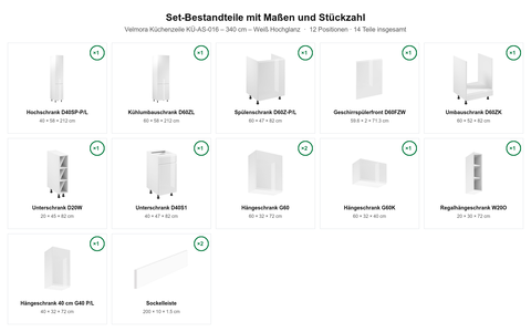 Velmora Küchenzeile KÜ-AS-016 – 340 cm – Weiß Hochglanz – Maßbild (Set-Bestandteile mit Maßen und Stückzahl)