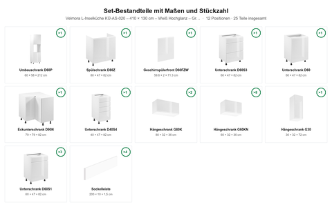 Velmora L-Inselküche KÜ-AS-020 – 410 × 130 cm – Weiß Hochglanz – Großzügige Küche mit Kochinsel – Maßbild (Set-Bestandteile mit Maßen und Stückzahl)