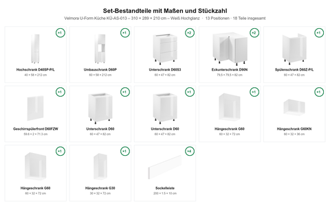 Velmora U-Form Küche KÜ-AS-013 – 310 × 289 × 210 cm – Weiß Hochglanz – Maßbild (Set-Bestandteile mit Maßen und Stückzahl)