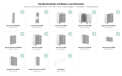 Velmora U-Form Küche KÜ-AS-013 – 310 × 289 × 210 cm – Grau Hochglanz – Maßbild (Set-Bestandteile mit Maßen und Stückzahl)
