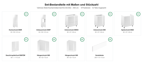 Velmora Weiß Küchenmöbel-Set KÜ-AS-002 – 400 cm – Maßbild (Set-Bestandteile mit Maßen und Stückzahl)