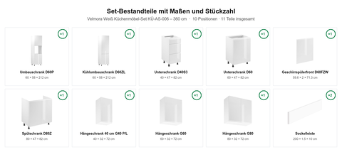 Velmora Weiß Küchenmöbel-Set KÜ-AS-006 – 360 cm – Maßbild (Set-Bestandteile mit Maßen und Stückzahl)