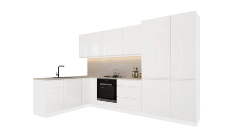 Velmora Winkelküche KÜ-AS-005 – 310 × 190 cm – Weiß Hochglanz – ohne Arbeitsplatte – Ansicht 2