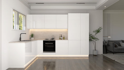Velmora Winkelküche KÜ-AS-005 – 310 × 190 cm – Weiß Hochglanz – ohne Arbeitsplatte – Ansicht 4