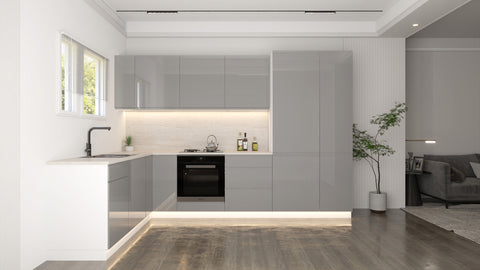 Velmora Winkelküche KÜ-AS-005 – 310 × 190 cm – Grau Hochglanz – ohne Arbeitsplatte – Ansicht 4