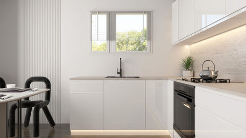 Velmora Winkelküche KÜ-AS-005 – 310 × 190 cm – Weiß Hochglanz – ohne Arbeitsplatte – Ansicht 5