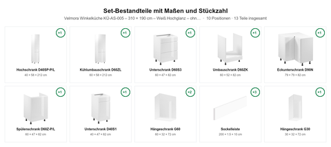 Velmora Winkelküche KÜ-AS-005 – 310 × 190 cm – Weiß Hochglanz – ohne Arbeitsplatte – Maßbild (Set-Bestandteile mit Maßen und Stückzahl)
