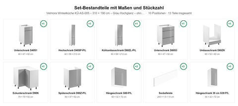 Velmora Winkelküche KÜ-AS-005 – 310 × 190 cm – Grau Hochglanz – ohne Arbeitsplatte – Maßbild (Set-Bestandteile mit Maßen und Stückzahl)