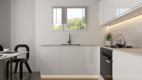 Velmora Winkelküche KÜ-AS-004 – 310 × 195 cm – Weiß Hochglanz – ohne Arbeitsplatte – Ansicht 5