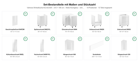 Velmora Winkelküche KÜ-AS-004 – 310 × 195 cm – Weiß Hochglanz – ohne Arbeitsplatte – Maßbild (Set-Bestandteile mit Maßen und Stückzahl)