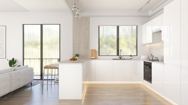Velmora U-Form Küche KÜ10 – 299,5 × 279 × 199,5 cm – Weiß Hochglanz – mit viel Stauraum und MDF-Fronten