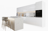 Velmora L-Inselküche KÜ-AS-019 – 410 × 130 cm – Weiß Hochglanz – Moderne Küche mit Kücheninsel