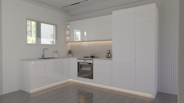 Velmora Winkelküche 300 × 180 cm KÜ05 – Moderne L-Küche ohne Arbeitsplatte – MDF Fronten – Weiß Hochglanz