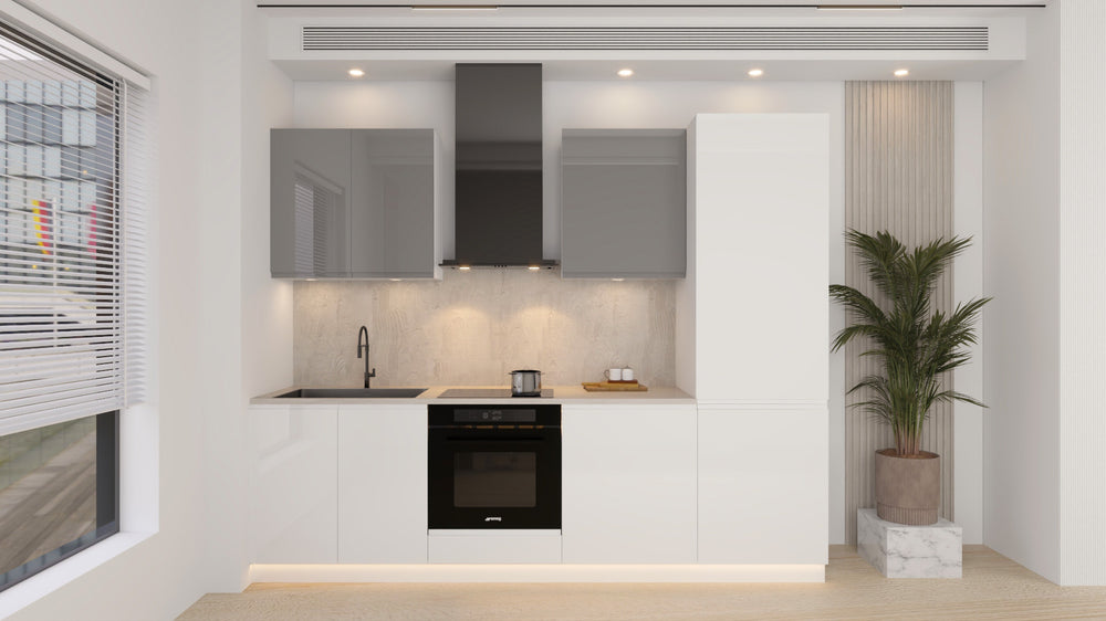 Küchenblock Velmora Kü07 - 260 cm –  Weiß & Grau Hochglanz – Moderne Küchenzeile ohne Arbeitsplatte