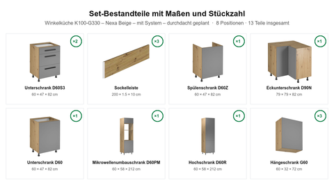 Winkelküche K100-G330 – Nexa Beige – mit System – durchdacht geplant – Maßbild (Set-Bestandteile mit Maßen und Stückzahl)