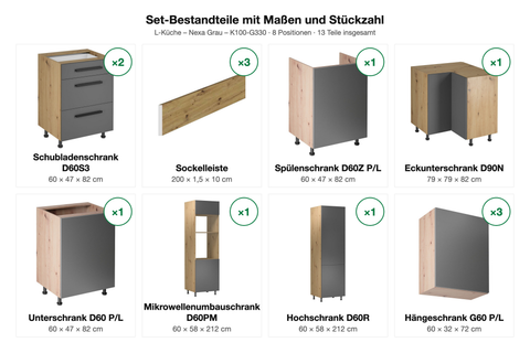 Set-Bestandteile mit Maßen und Stückzahl – L-Küche Nexa Grau – 330 × 210 cm – K100-G330